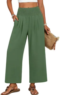 Image de Pantalon en lin pour femme ASKSA, pantalon d'été, pantalon de plage léger, pantalon ample, pantalon en tissu ample, pantalon palazzo en mousseline à jambes larges avec poches (vert, XXL)