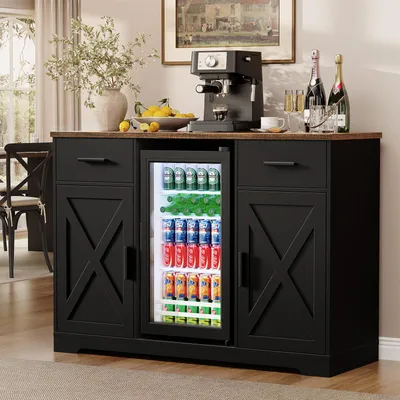 Produktbild von BROTTAR 47" Barschrank Schwarz mit 92L Kühlschrank, Weinaufbewahrung, 2 Schubladen und breiter Arbeitsplatte, Farmhouse-Buffetschrank, Schwarz