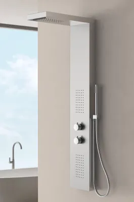 A modern shower panel system mounted on a wall, with a large overhead shower head and a handheld shower wand.