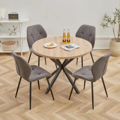 Produktbild von Essgruppe 4 Stühle runder Tisch - Modernes Esszimmer-Set - Gepolsterte Stühle - Metallgestell - Für Küche und Café - Dunkelgrau