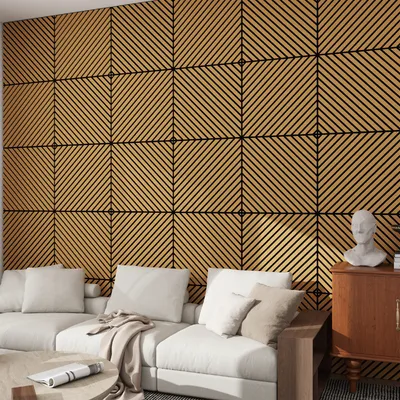 A living room scene with a sectional sofa and a wooden cabinet against a wall decorated with wooden acoustic panels.