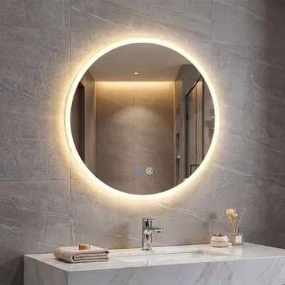 Produktbild von COSTWAY Runder Spiegel, Wandspiegel mit Beleuchtung, Badspiegel mit 3 Lichtfarben, stufenlose Dimmung, Anti-Beschlag, Badezimmerspiegel,60 cm