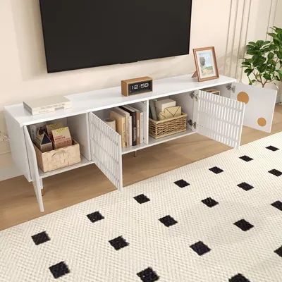 Produktbild von MODFU TV-Schrank Modern Lowboard aus Massivholz mit 2 Türen,Fernsehschrank mit Gitterstruktur und versteckte Griffe,Fernsehbank mit Golddekor,Weiß