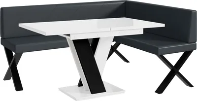 Produktbild von MEBLINI Eckbank für Esszimmer mit ausziehbarem Tisch - Küchenbank - Essecke - Sitzecke Küche - ERIC - X-Beine 128x168x87cm Rechts - Dunkelgrau Kunstleder/M Weiß-Schwarz Hochgl.