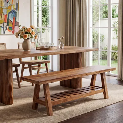 Immagine prodotto di Panca da pranzo in legno massello, 140 cm, stile rustico. Panca in legno per la cucina, lunga, adatta per soggiorno, corridoio, ingresso, camera da letto, colore marrone
