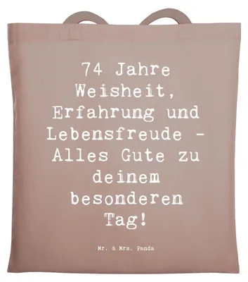 Produktbild von Mr. & Mrs. Panda Tote Bag Spruch 74. Geburtstag - Braun Pastell - Geschenk, Uni Tasche, Glückwunsch, Geburtstagsfeier, Jubiläum, Jutebeutel, Laptoptasche, Happy Birthday