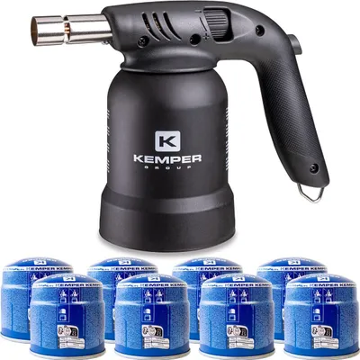 Image de Lampe à souder à gaz Professionnelle Utilisation 360° Chalumeau gaz Allumage piezo + 8 Cartouches gaz Perçables KEMPER