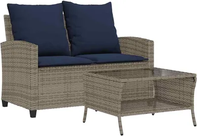 Immagine prodotto di vidaXL Divano da giardino a 2 posti con cuscini e tavolo in Poly Rattan grigio