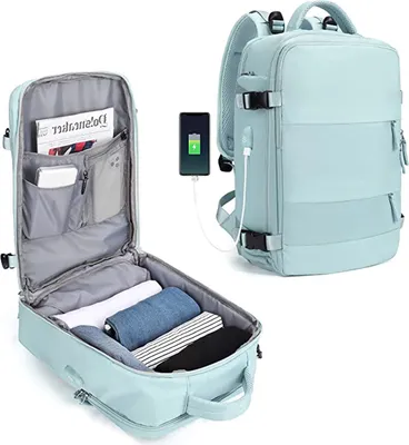 Produktbild von Reiserucksack 45L mit USB-Ladeanschluss, für 14 Zoll Laptop, Rucksack Damen Reiserucksack, Flugzeug genehmigt, Wasserdicht Sport chultasche Blau
