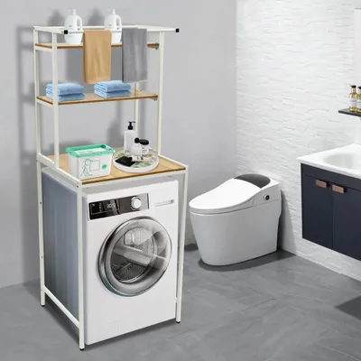 Produktbild von Waschmaschinenregal/Überbau-Regal für Waschmaschine & Trockner - Bodenstehendes 3‑Etagen Regal - 69×60×176,5 cm - 10 kg pro Ebene - MDF + Stahl - Weiß/Naturholz