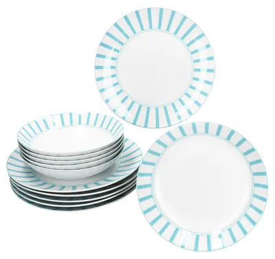 Immagine prodotto di Split turquoise stripes servizio da 12 pezzi piatto da pranzo in porcellana piatto fondo a righe
