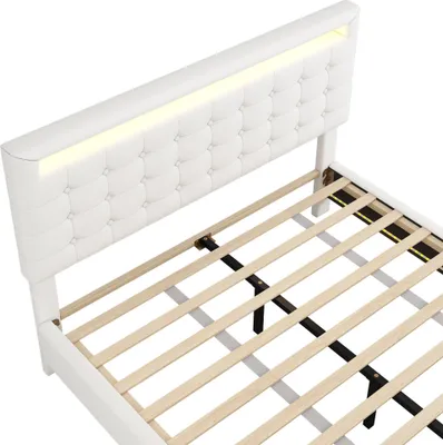 Produktbild von okwish Polsterbett 140x200cm mit Lattenrost, Doppelbett Jugendbett mit Verstellbares Kopfteil, Klassische Bett Ehebett mit LED,(Ohne Matratze), Weiß