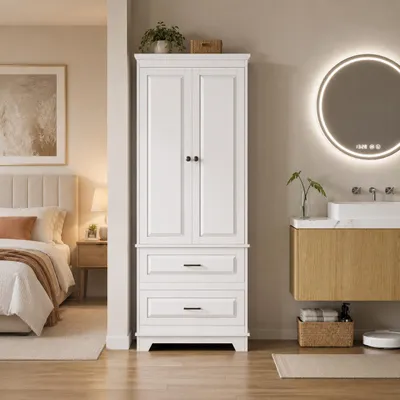 Productafbeelding van INONEFT Badkamerkast, hoog, badkamerkast met 2 deuren en 2 lades, dressoir met verstelbare planken, geschikt voor badkamer en keuken, 60x40x157 cm, wit, AI-gegenereerde afbeelding