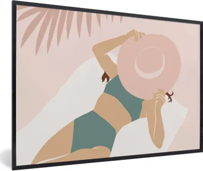 Produktbild von MuchoWow® Gerahmtes Poster Frau - Strandhut - Pastell 30x20 cm - Poster mit Schwarzem Bilderrahmen Wandposter Rahmen Foto Bilder - Kunstdruck - Bild-Poster