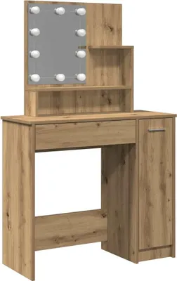 A vanity table with a mirror and lights.