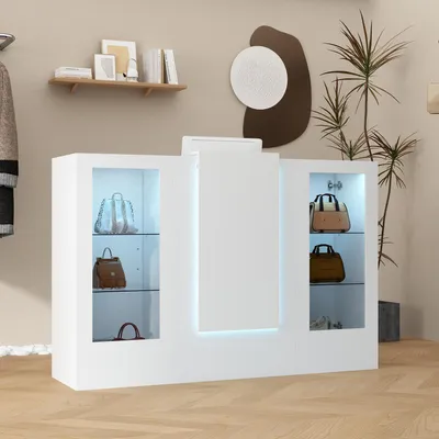 Produktbild von Empfangstheke mit LED-Beleuchtung und Glasvitrine, mit Tastaturschublade, Rezeptionstresen, Verkaufstheke, Weiß, MDF+Glas, 150 x 52 x 100 cm