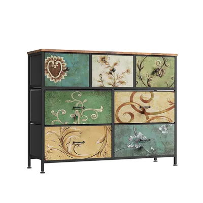 Image de Commode INONEFT avec 7 tiroirs en tissu, meuble de rangement avec tiroirs en tissu, armoire à tiroirs pour salon, motif vintage, dimensions 100x30x78 cm