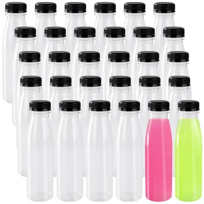 Zdjęcie produktu dla Butelki do smoothie, 30 sztuk, pojemność 300 ml - Przezroczyste butelki - Czarne zakrętki - Do napojów/soków - Butelki na napoje