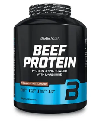 A black and blue container of BioTech USA Beef Protein powder.
