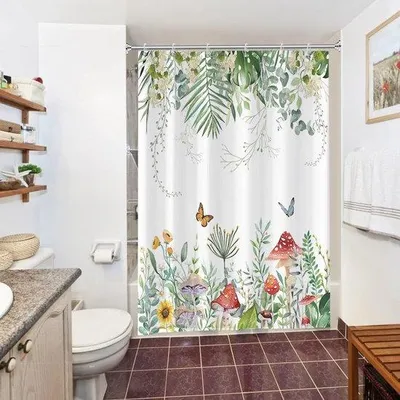 Immagine prodotto di Paravento da bagno idrorepellente 150x180 cm, tenda da bagno idrorepellente verde tropicale con foglie di palma, eucalipto e funghi; tenda da bagno impermeabile in tessuto di poliestere, lavabile, con 10 ganci per il bagno