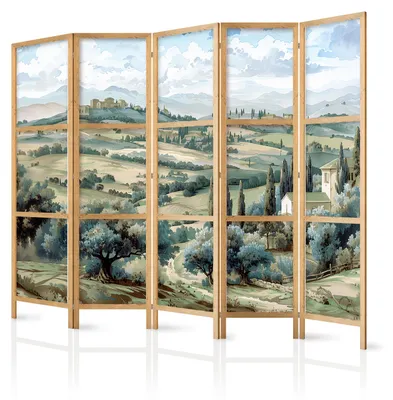 Immagine prodotto di Pannello divisorio giapponese, 5 ante, pieghevole, realizzato in tessuto non tessuto di alta qualità, con motivo di paesaggio verde, ideale per la camera da letto, dimensioni 225 cm x 172 cm