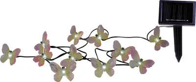 A string of solar-powered LED lights shaped like butterflies, with a solar panel attached.