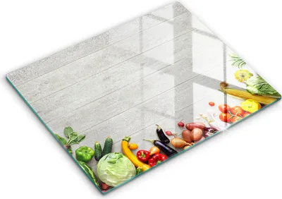 Produktbild von Glasschneideplatte - Herdabdeckplatte - 52x40 cm - Schneidebrett - Spritzschutz - Gemüse auf den Brettern