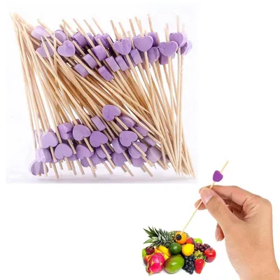 Zdjęcie produktu dla Szaszłyki do koktajli, drewniane, 100 sztuk, fioletowe, w kształcie serca, 12 cm