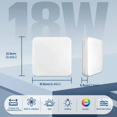 Produktbild von LED-Deckenleuchte - Quadratische Deckenlampe - 18 W - 5er-Pack - Ultraflach - Flimmerfrei - Blendfrei - Halbeinbau