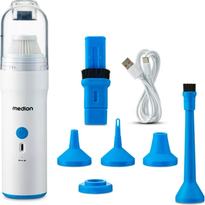 A white and blue MEDION hand vacuum cleaner with various attachments and a USB-C charging cable, displayed on a white background.
