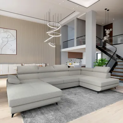 Produktbild von Masseno Ecksofa RUBANO R-S mit Schlaffunktion U-Form, Sofa mit Bettkasten, Wohnzimmersofa, Couch, Soffa, Bettsofa, Couchgarnitur- Hellgrau, QUELLE 83