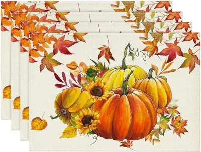Produktbild von Herbst Platzsets 4er Set Kürbisse Ahornblätter Sonnenblumen 30x45cm Orange