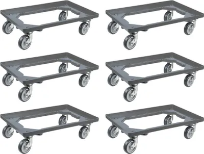 Produktbild von SparSet 6x Transportroller für Euroboxen 60x40cm mit Gummiräder grau | Offenes Deck | 4 Lenkrollen | Traglast 300kg | Kistenroller Logistikroller Rollwagen Profi-Fahrgestell