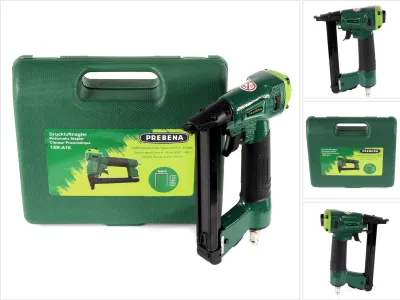 A collage of images showing a green pneumatic stapler and its case, with close-ups of the stapler from different angles.