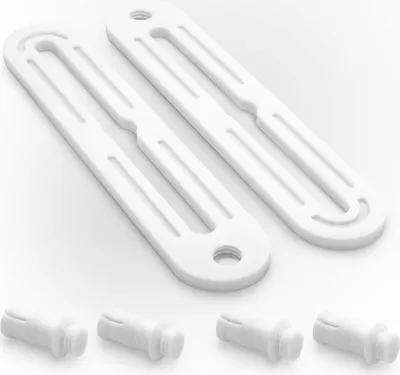 A set of white plastic window hardware components, including two long flat pieces with slots and four small cylindrical pegs, arranged on a white background.