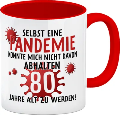 Produktbild von Witziger Kaffeebecher Rot für den 80. Geburtstag mit Motiv: Pandemie