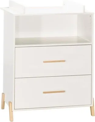 Image de Commode à Langer Joy Naturel Babyprice, 2 Tiroirs, 1 Niche, Blanc, Pieds en Bois Naturel, Jusqu'à 11 kg
