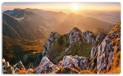 Produktbild von Wallario Frühstücksbrettchen aus Glas, je 14 x 23 cm, mit rutschfesten Füßen, Motiv Berglandschaft mit Sonnenuntergang in der Slowakei
