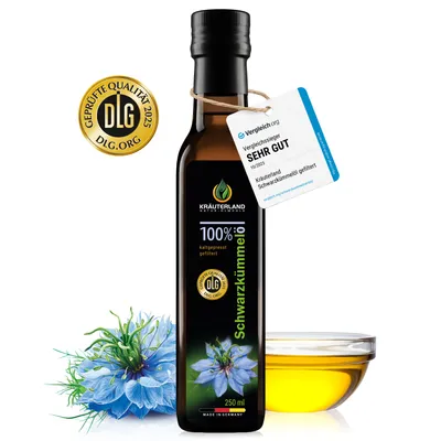 Produktbild von Kräuterland Premium Schwarzkümmelöl, 250ml gefiltert, kaltgepresst, Europas größte Ölmühle im Online-Handel, 22 Jahre Erfahrung, mühlenfrisch, vegan