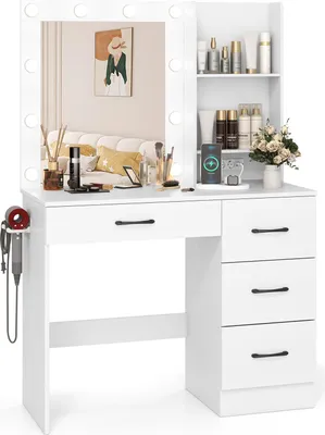 A white vanity table with a large mirror and drawers, filled with beauty products.