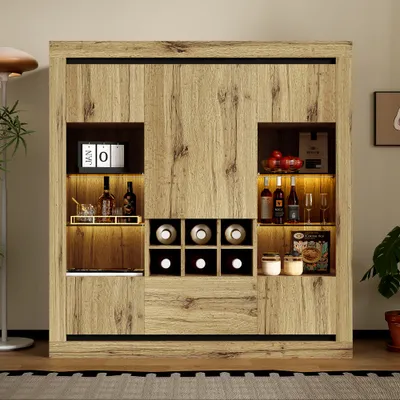 Produktbild von Multifunktionales Sideboard im Holzdesign – mit LED-Beleuchtung, verstellbaren Glasregalen, Schubladen und Weinregal