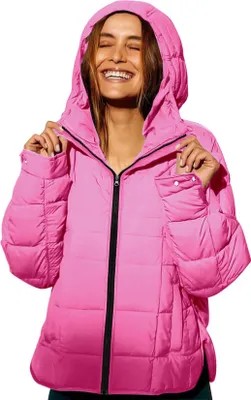 Obrázek produktu pro ASKSA Dámská prošívaná bunda Lehký krátký zimní kabát s kapucí Péřová bunda Ležérní outdoorová bunda s kapsami (růžová,M)