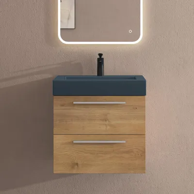 Image de doporro Meuble de Salle de Bains Marron Claire Ensemble de 2 Pièces Meuble Suspendu avec Lavabo 60 cm Design Quadratto