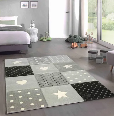 Produktbild von Kinderteppich Kinderzimmer Spiel Teppich Punkte Herz Stern Design creme schwarz grau Größe - 200 x 290 cm