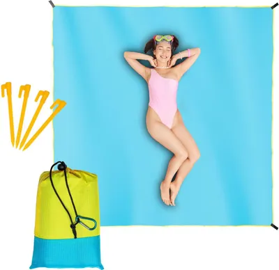 Zdjęcie produktu dla Wodoodporna mata plażowa koc piknikowy 210x200 cm niebieska z żółtą lamówką
