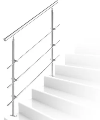 Imagen del producto de Barandilla para escaleras de 160 cm con 3 barras transversales de acero inoxidable color plateado. Kit fácil de instalar para todo tipo de escaleras