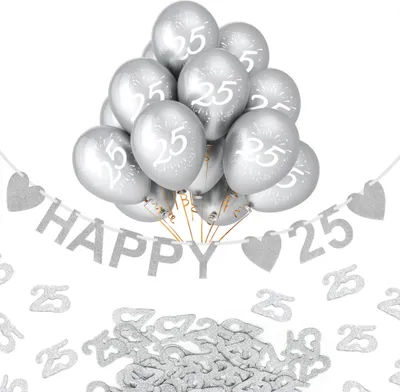 Produktbild von Oblique Unique 25. Geburtstag Silberhochzeit Deko Set - Happy 25 Girlande + Luftballons Zahl 25 + 25 Konfetti