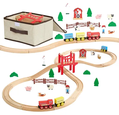 Immagine prodotto di Set di trenini in legno VEVOR, 39 pezzi, trenini giocattolo con treni magnetici e accessori, compatibile con le marche più diffuse, design a città in miniatura, regalo di Natale e di compleanno per bambini dai 3 anni in su