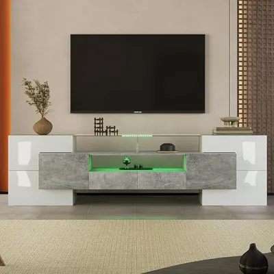 Produktbild von TV-Schrank mit LED-Beleuchtung, Stilvoller TV-Lowboard, TV-Tisch mit Glasoberfläche, Hochglänzendes und Betonfarbmix-Design, Wohnzimmermöbel, Modernes Design, 200 cm, Weiß+Grau