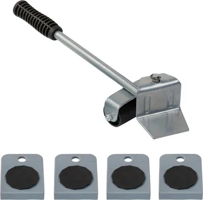 A furniture mover tool and four furniture sliders are shown against a white background.